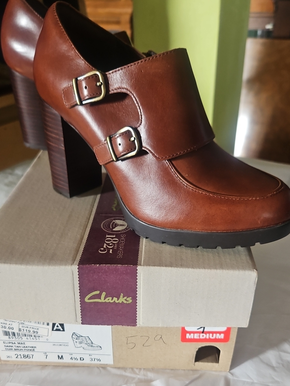 Clarks Women's Chestnut Brown Leather Buckle Block Heel Boots